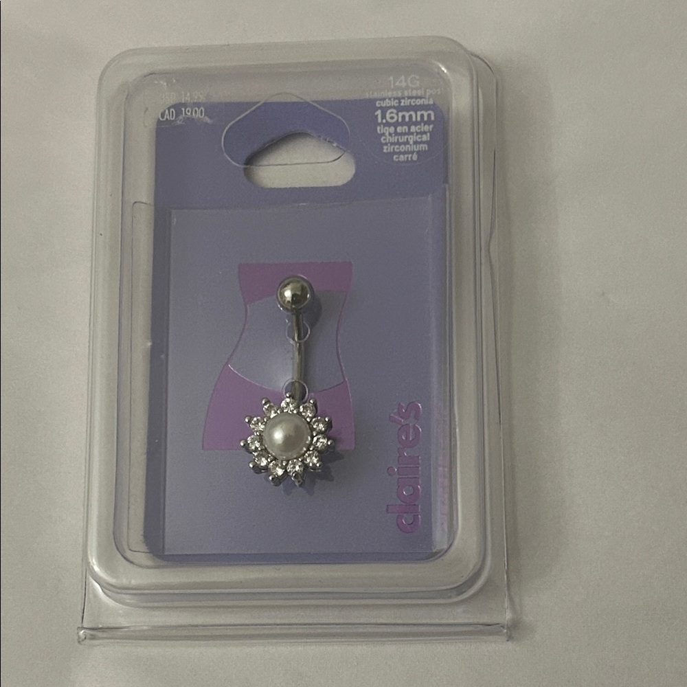 Claire's Pearl Belly Ring stainless steel post cubic zirconia NEW